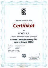 Certifikát cenové soustavy ÚRS 2009/I